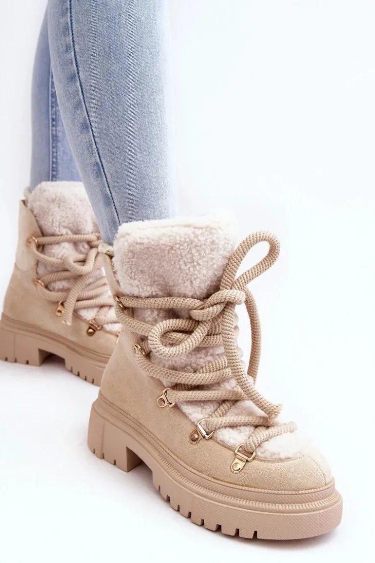 Sale Boto Trapery Śniegowce Damskie Z Wiązaniem Jasnobeżowe Shala