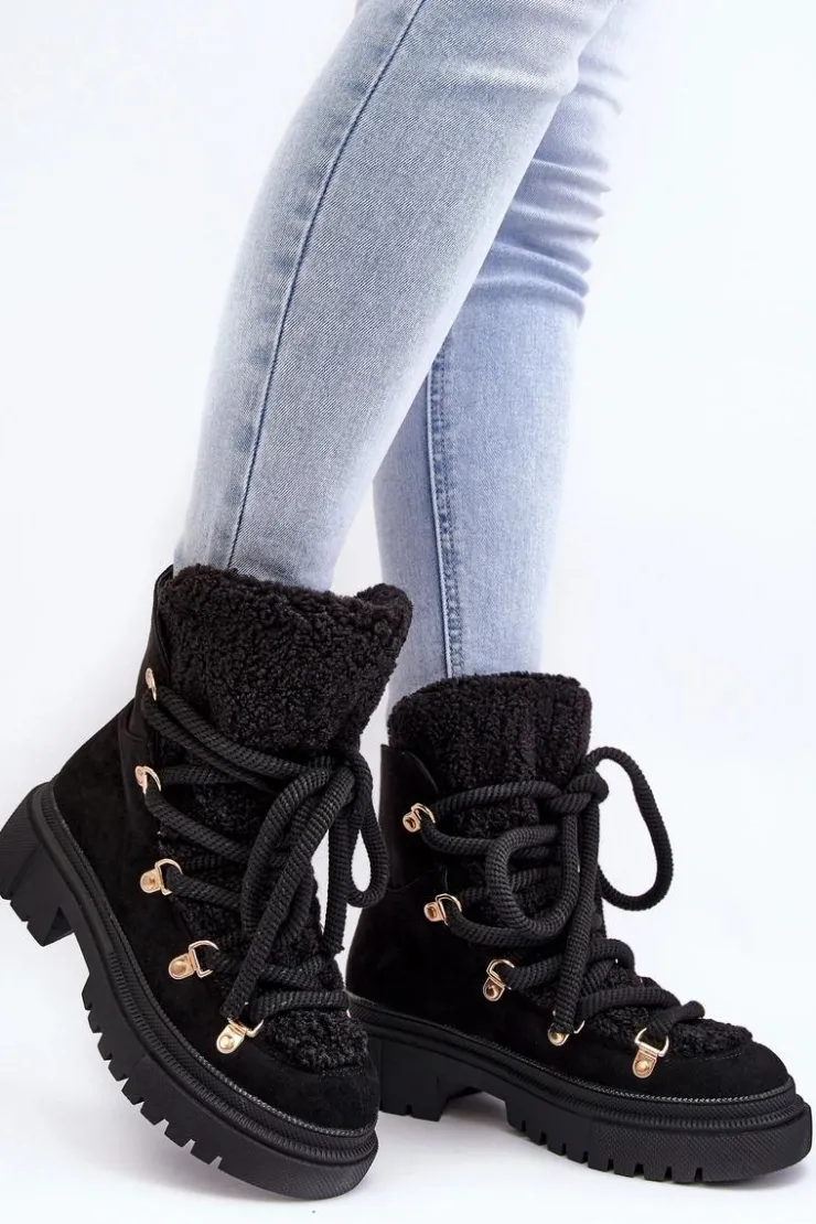 Damskie Boto Trapery Śniegowce Damskie Z Wiązaniem Czarne Shala