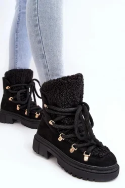 Damskie Boto Trapery Śniegowce Damskie Z Wiązaniem Czarne Shala