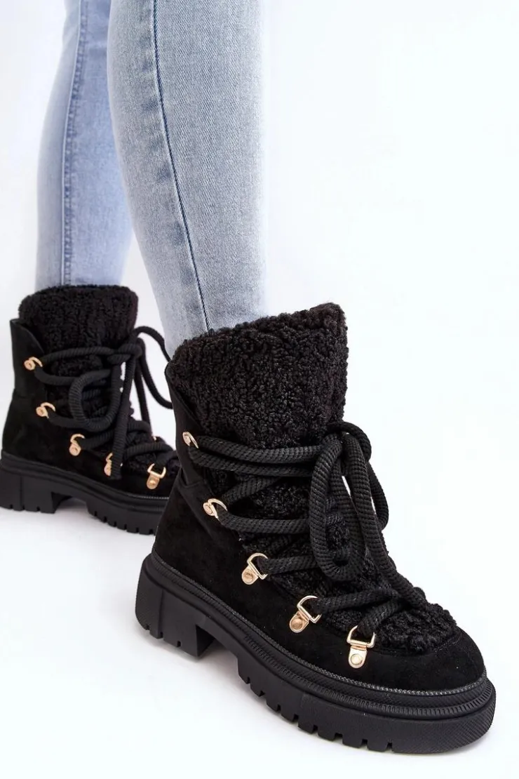 Damskie Boto Trapery Śniegowce Damskie Z Wiązaniem Czarne Shala