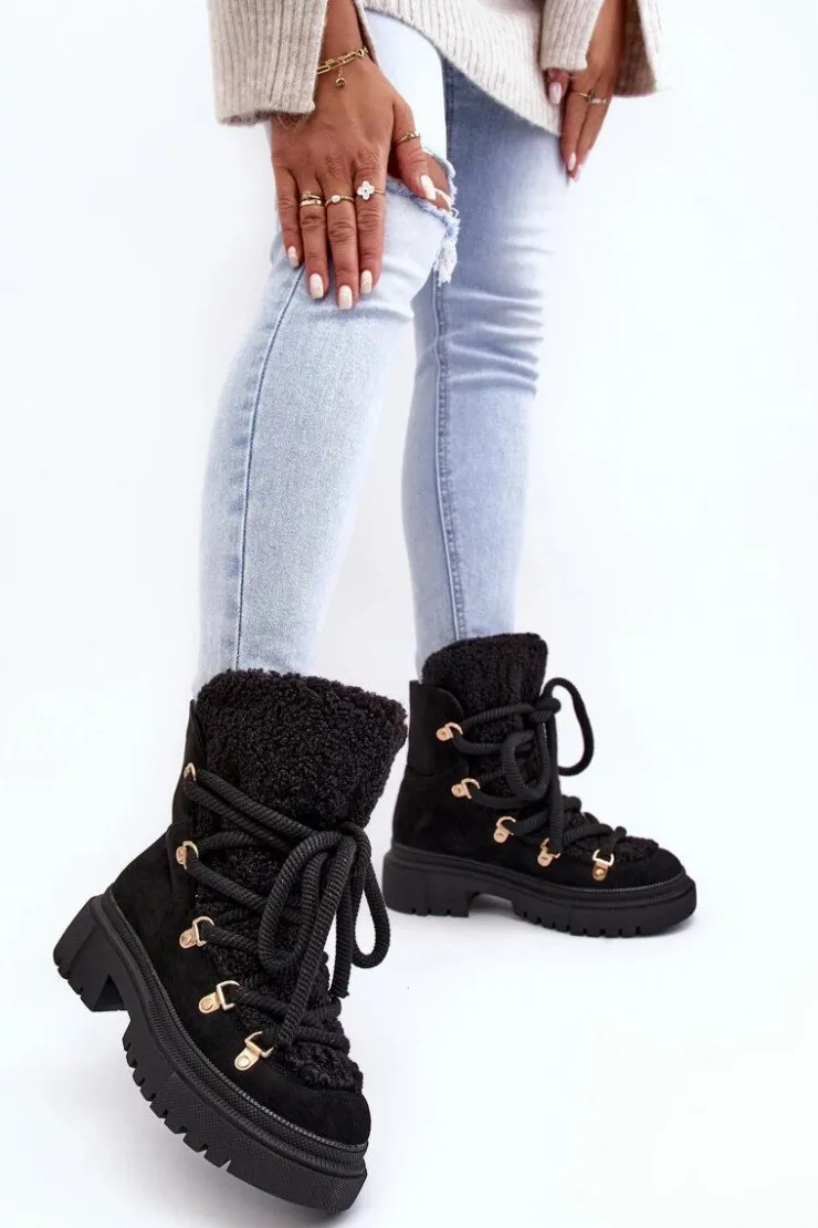 Damskie Boto Trapery Śniegowce Damskie Z Wiązaniem Czarne Shala