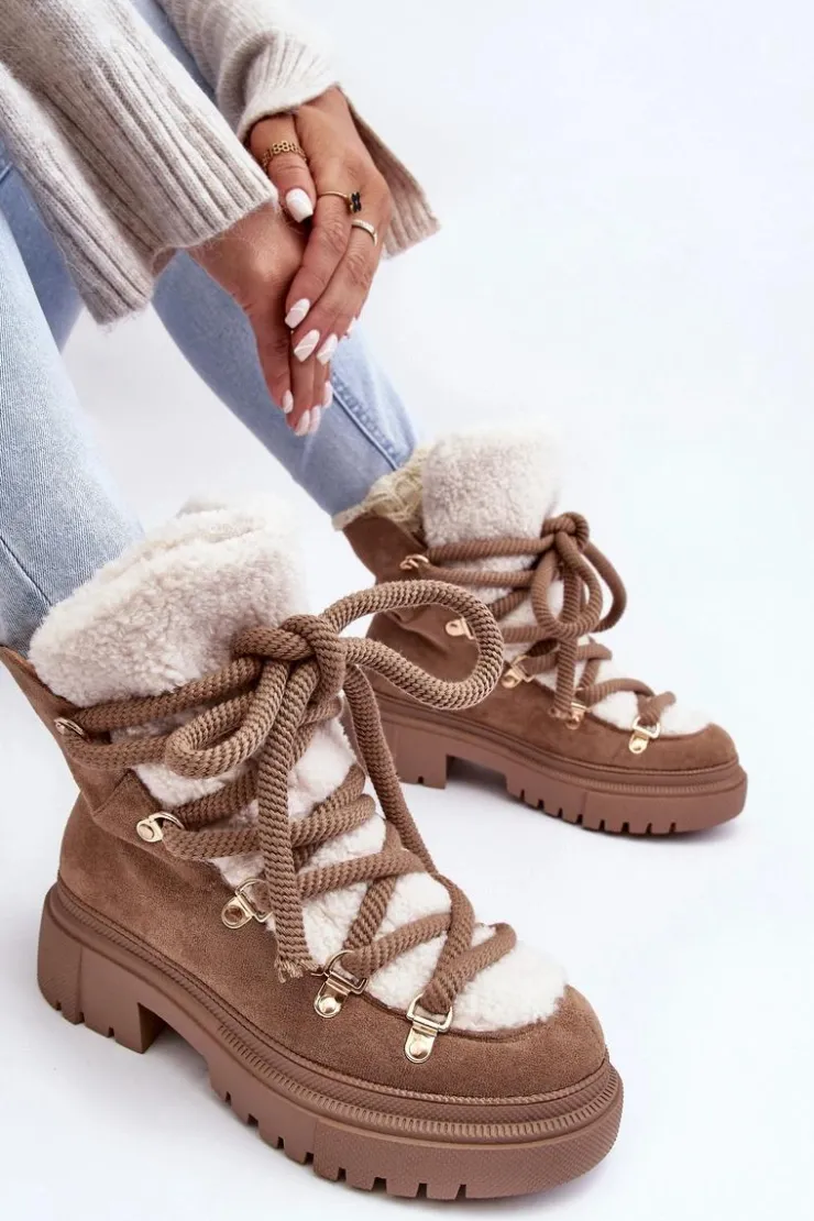 Damskie Boto Trapery Śniegowce Damskie Z Wiązaniem Beżowe Shala