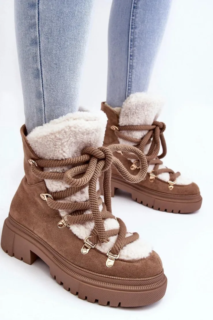 Damskie Boto Trapery Śniegowce Damskie Z Wiązaniem Beżowe Shala