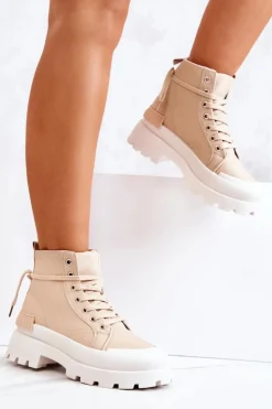 Boto Damskie Trapery|Botki Sznurowane*Trapery Wiązane Ciemnobeżowe Faithfull