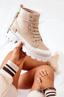 Boto Damskie Trapery|Botki Sznurowane*Trapery Wiązane Ciemnobeżowe Faithfull