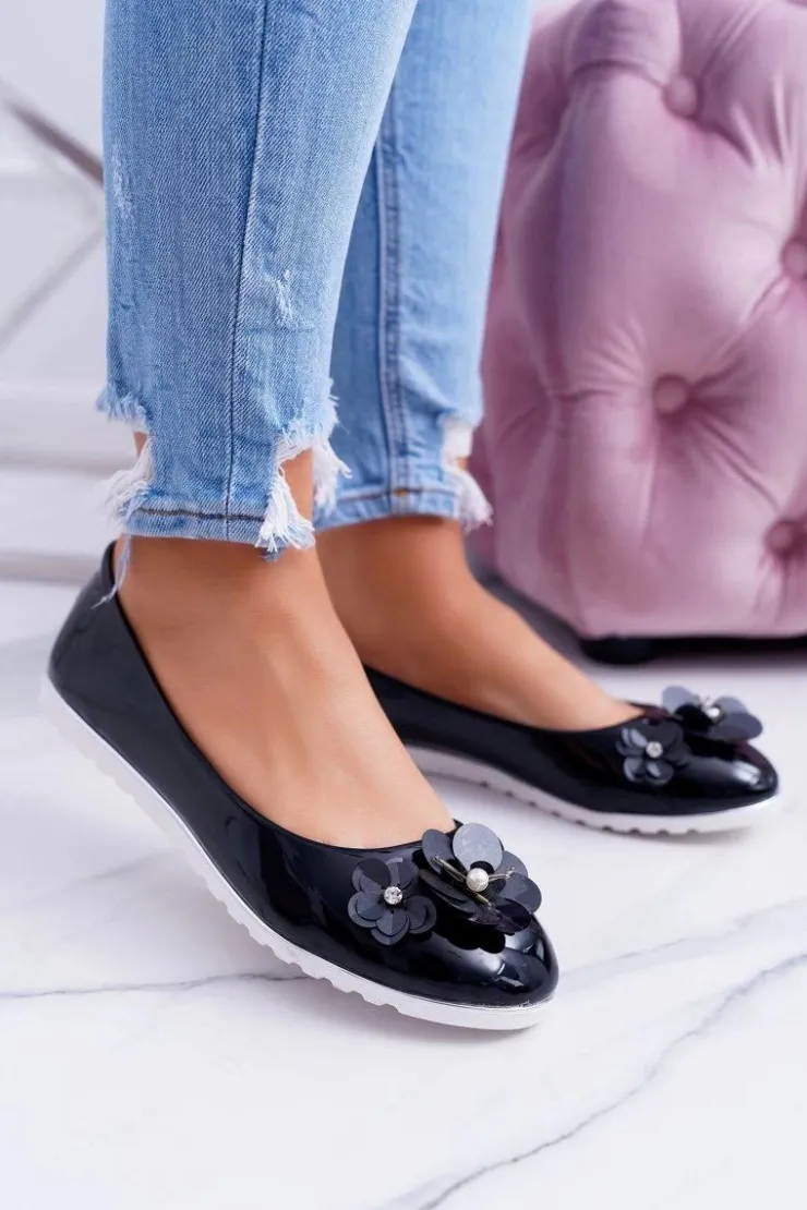 New Boto Vices | Lakierowane Czarne Damskie Balerinki Z Kwiatkiem Neli
