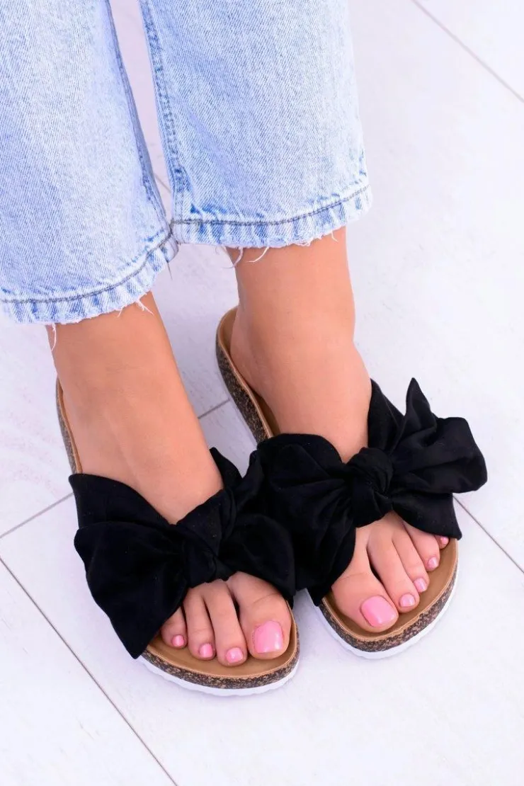 Damskie Boto Vices Damskie Czarne Klapki Na Korku Kokarda Nina