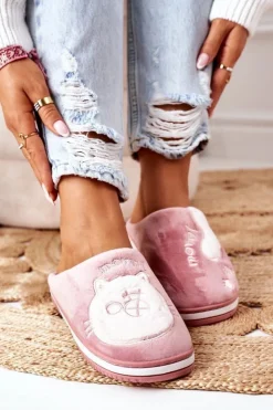 Boto Kapcie Klasyczne*Welurowe Papcie Z Kotem Ciemnoróżowe Good Morning