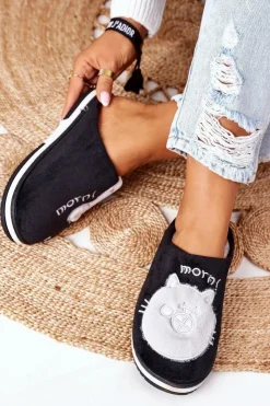 Damskie Boto Welurowe Papcie Z Kotem Czarne Good Morning