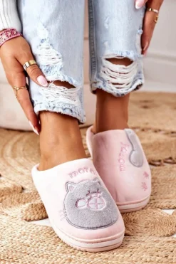 Boto Welurowe Papcie Z Kotem Różowo-Szare Good Morning