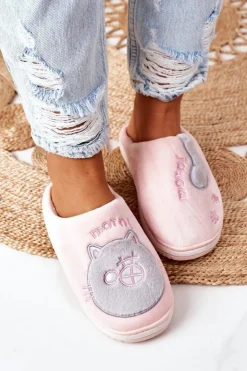 Boto Welurowe Papcie Z Kotem Różowo-Szare Good Morning