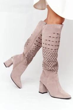 Best Boto Wiosenne Ażurowe Kozaki Lewski Shoes 2847/B Beżowe