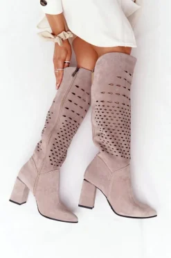 Best Boto Wiosenne Ażurowe Kozaki Lewski Shoes 2847/B Beżowe