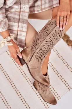 Damskie Boto Wiosenne Ażurowe Kozaki Zamszowe Exquisite 1229 Beżowe