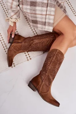 Boto Kozaki Ażurowe|Kozaki Zamszowe*Wiosenne Ażurowe Kozaki Zamszowe Exquisite 1229 Koniak