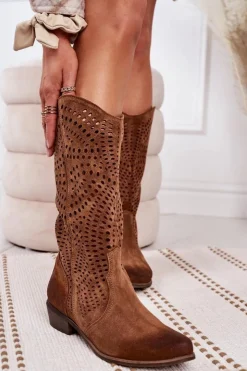 Boto Kozaki Ażurowe|Kozaki Zamszowe*Wiosenne Ażurowe Kozaki Zamszowe Exquisite 1229 Koniak