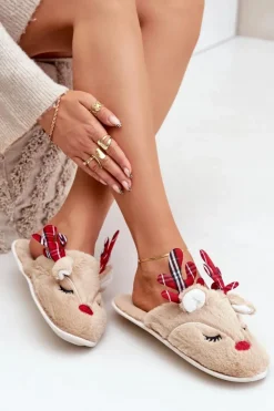 Boto Kapcie Klasyczne*Świąteczne Kapcie Z Motywem Renifera Beżowe Sylaia Beżowy