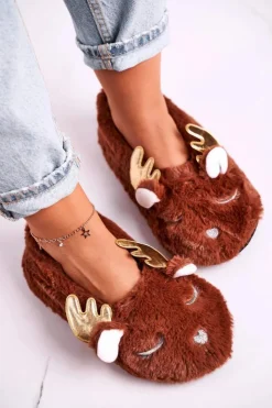 Boto Kapcie Klasyczne*Świąteczne Ocieplane Futrzane Papcie Brązowe Jingle Bells