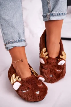 Boto Kapcie Klasyczne*Świąteczne Ocieplane Futrzane Papcie Brązowe Jingle Bells