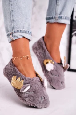 Damskie Boto Świąteczne Ocieplane Futrzane Papcie Szare Jingle Bells