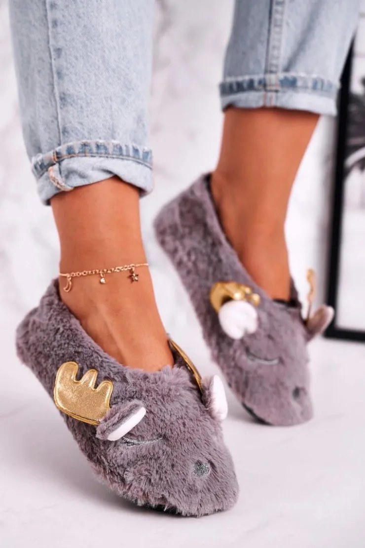 Damskie Boto Świąteczne Ocieplane Futrzane Papcie Szare Jingle Bells