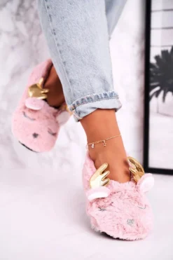 Boto Kapcie Klasyczne*Świąteczne Ocieplane Futrzane Papcie Różowe Jingle Bells