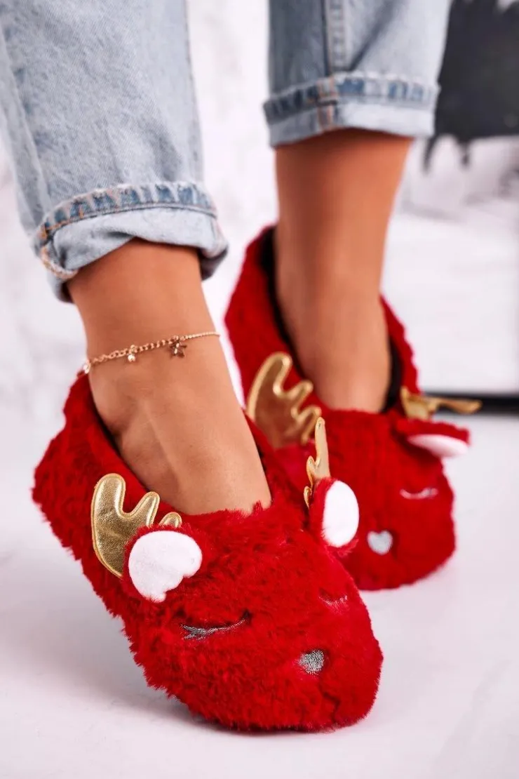 Damskie Boto Świąteczne Ocieplane Futrzane Papcie Czerwone Jingle Bells