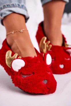 Damskie Boto Świąteczne Ocieplane Futrzane Papcie Czerwone Jingle Bells