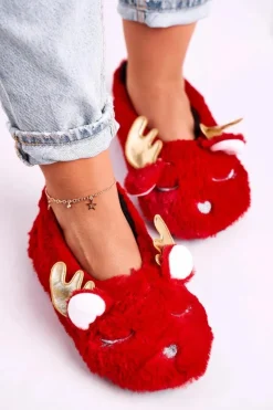 Damskie Boto Świąteczne Ocieplane Futrzane Papcie Czerwone Jingle Bells