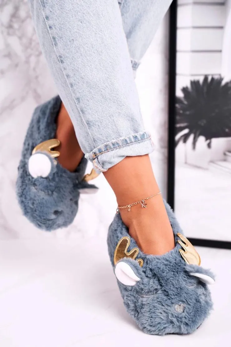 Damskie Boto Świąteczne Ocieplane Futrzane Papcie Niebieskie Jingle Bells