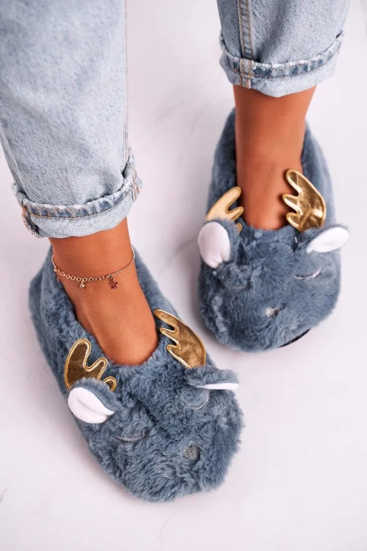 Damskie Boto Świąteczne Ocieplane Futrzane Papcie Niebieskie Jingle Bells