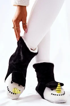 Aura.via Kapcie Klasyczne*Świąteczne Papcie Ocieplane Bałwan Czarne