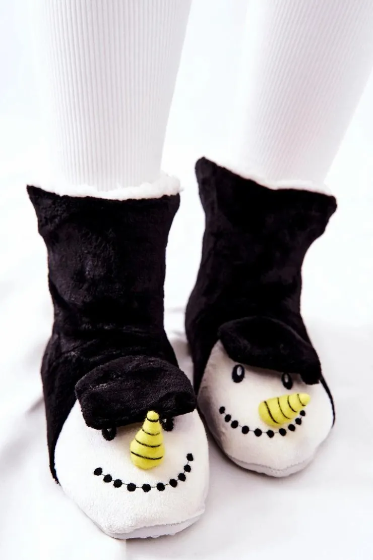 Aura.via Kapcie Klasyczne*Świąteczne Papcie Ocieplane Bałwan Czarne