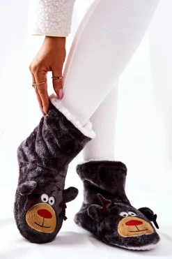 Aura.via Kapcie Klasyczne*Świąteczne Papcie Ocieplane Renifer Szare