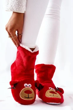 Clearance Aura.via Świąteczne Papcie Ocieplane Renifer Czerwone