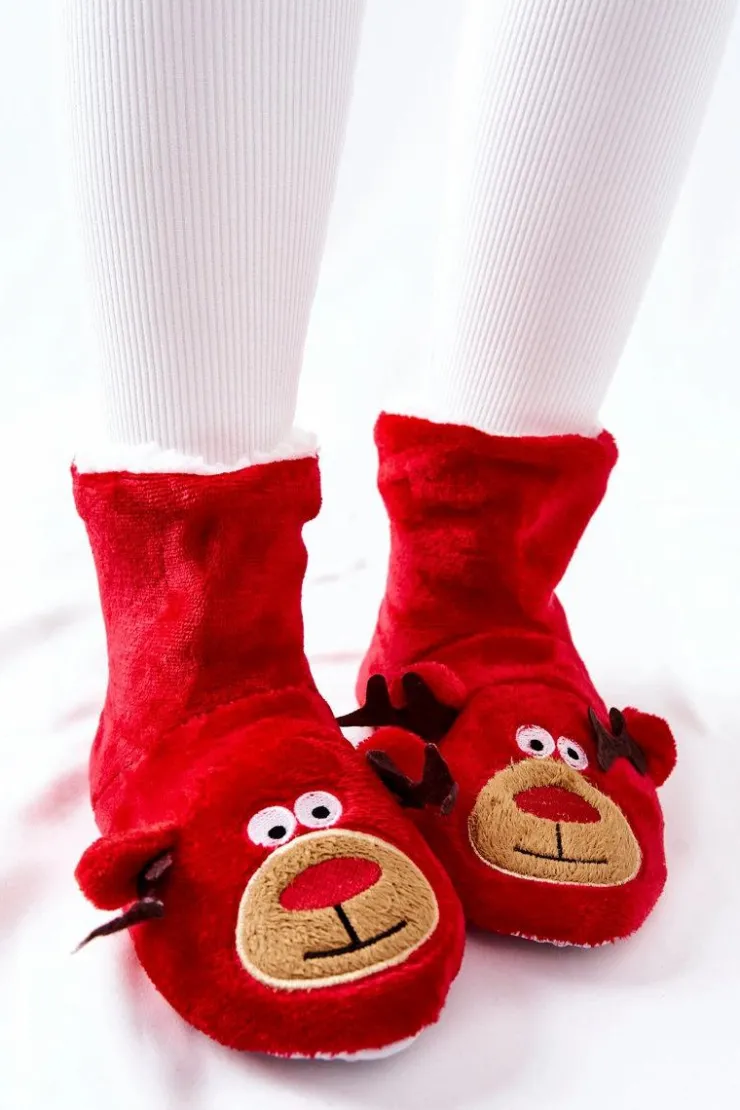 Clearance Aura.via Świąteczne Papcie Ocieplane Renifer Czerwone