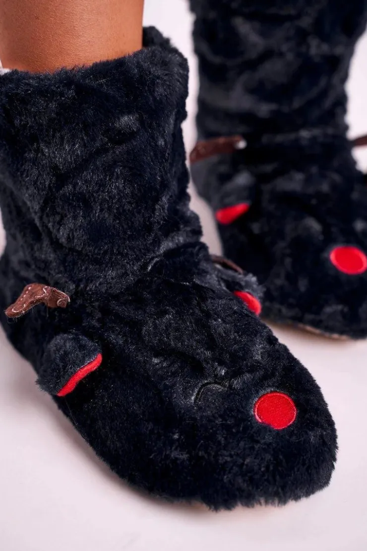 Boto Kapcie Klasyczne*Świąteczne Papcie Z Reniferem Ocieplone Kożuszkiem Czarne Rudolph