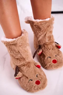 Damskie Boto Świąteczne Papcie Z Reniferem Ocieplone Kożuszkiem Beżowe Rudolph