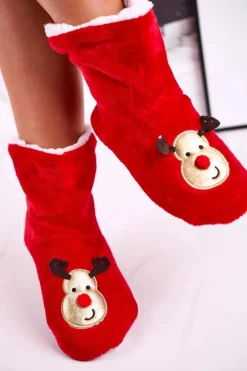 Aura.via Kapcie Klasyczne*Świąteczne Papcie Z Reniferem Ocieplone Kożuszkiem Holly