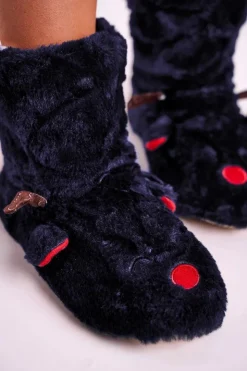 Boto Kapcie Klasyczne*Świąteczne Papcie Z Reniferem Ocieplone Kożuszkiem Granatowe Rudolph