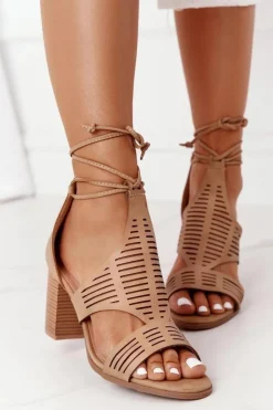 Damskie Boto Wiązane Ażurowe Sandały Na Słupku Beżowe Lorette