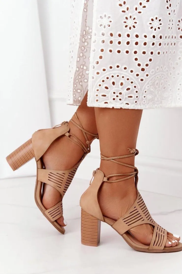 Damskie Boto Wiązane Ażurowe Sandały Na Słupku Beżowe Lorette