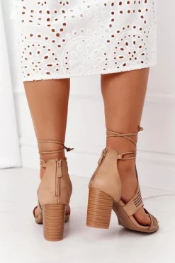 Damskie Boto Wiązane Ażurowe Sandały Na Słupku Beżowe Lorette
