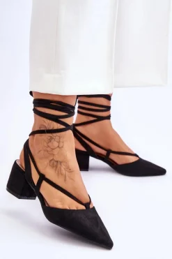 Boto Wiązane Czółenka Na Niskim Słupku W Szpic Czarne Carlotte