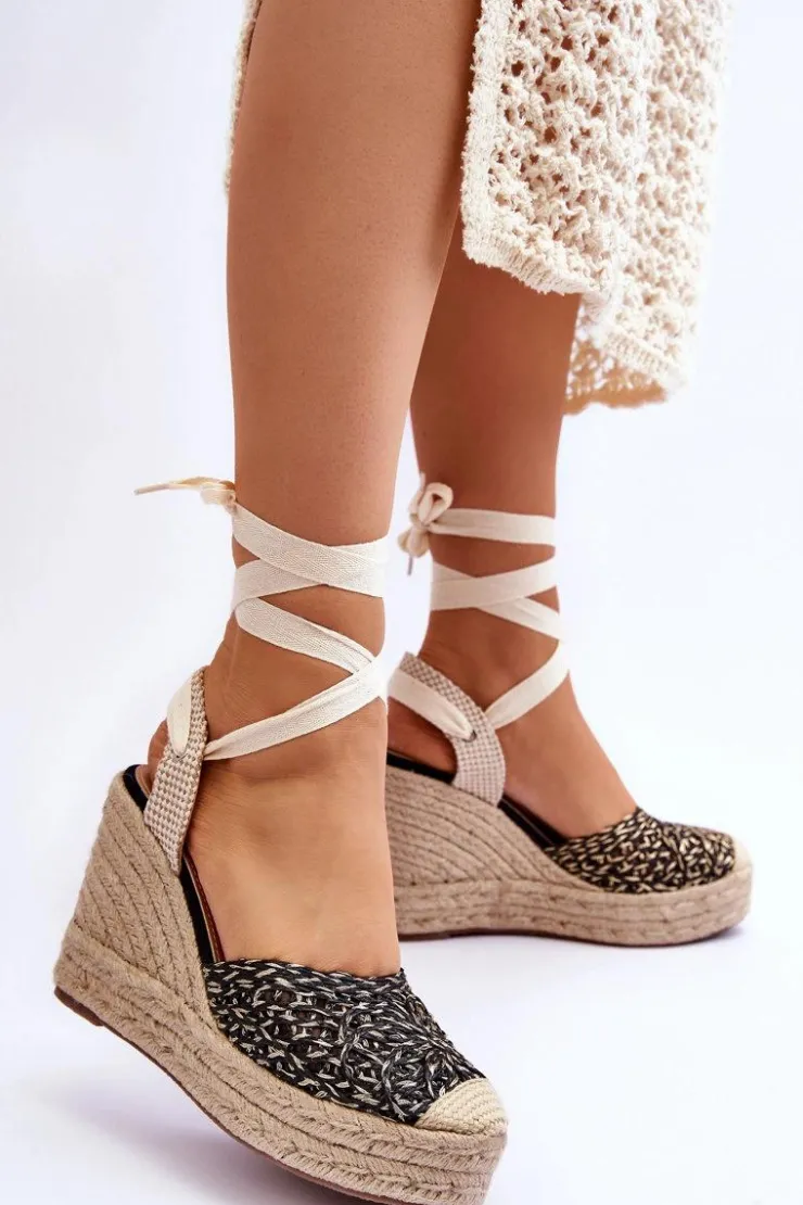 Boto Sandały Na Koturnie*Wiązane Damskie Sandały Na Koturnie Czarne Josephine Czarny