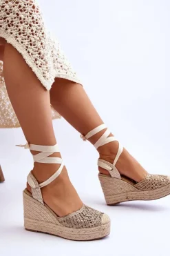 Hot Boto Wiązane Damskie Sandały Na Koturnie Beżowe Josephine Beżowy