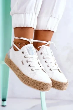 Big Star Shoes Czarne Espadryle*Wiązane Espadryle Na Plecionej Platformie Big Star JJ274397 Białe