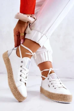 Big Star Shoes Czarne Espadryle*Wiązane Espadryle Na Plecionej Platformie Big Star JJ274397 Białe