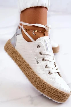 Big Star Shoes Czarne Espadryle*Wiązane Espadryle Na Plecionej Platformie Big Star JJ274397 Białe