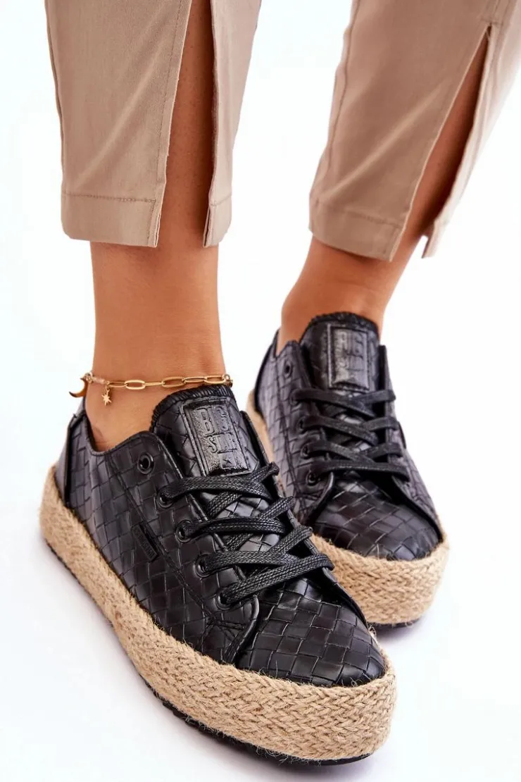 Big Star Shoes Czarne Espadryle*Wiązane Espadryle Na Plecionej Platformie Big Star JJ274396 Czarne